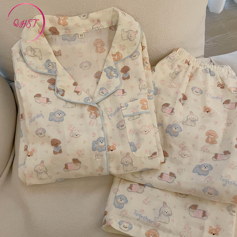 QHST Bộ Đồ Ngủ Nữ Cloud Cotton Puppy Party Quần Dài Tay Im