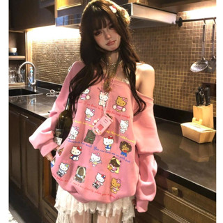 MTMM áo khoác nữ trễ vai áo khoác hoodie nữ ngọt ngào và dễ thương in mèo kt Phong cách mới cho đầu thu