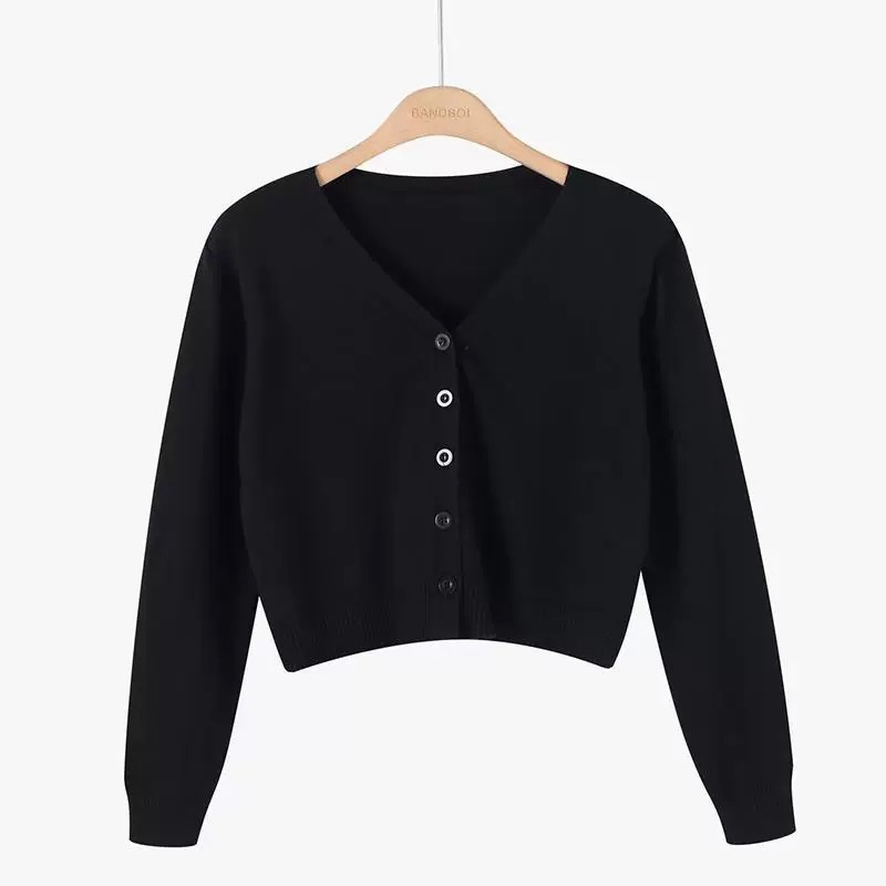 YAYUAN Ngắn đan cardigan nữ dài tay áo màu đen | BigBuy360 - bigbuy360.vn