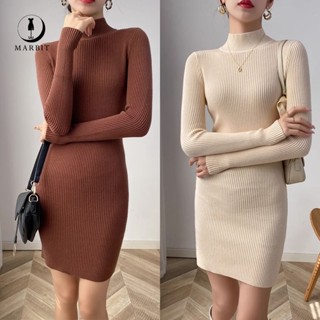  Marbit Đầm Váy len body nữ cao cổ dáng lửng váy len dài tay cổ lọ hàng FHS 