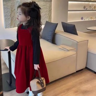  Váy không tay cho bé gái Mùa thu Phong cách mới Nhung cho bé Phiên bản Hàn Quốc Váy công chúa chữ A màu đỏ 