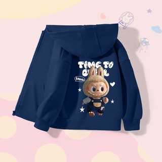  W.G.Q Áo Hoodie bé trai  Áo khoác Cardigan có khóa kéo Thời trang thoải mái có túi in họa tiết labubu 