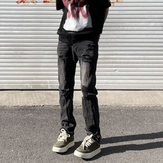 Đen Rách Quần Jean Nam Vàng Bùn Đen S-3XL Thu Đông Mỹ Đường Phố Cao Cấp vibe Retro Xu Hướng Rời Thẳng Bên Dây Xích Cắt Quần