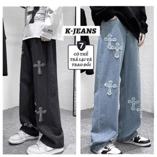 K-JEANS Quần jean nam Chữ thập ống suông rộng màu đen Chất vải bố  Cao Cấp quần baggy jeans ống rộng thêu thánh giá thời trang hàn quốc quần bò Cá Tính unisex Nam Nữ Xu hướng