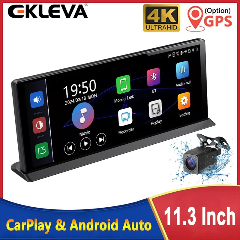 Ekleva 11.3 "DVR ô tô Carplay Android Auto Dashcam 4K 3840 * 2160 Camera phía trước và phía sau 1080
