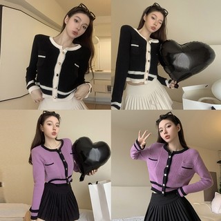 Cổ tròn cổ điển, tấm tương phản, khí chất sành điệu, hương thơm nhỏ, dệt kim cắt, áo len dài tay, áo khoác