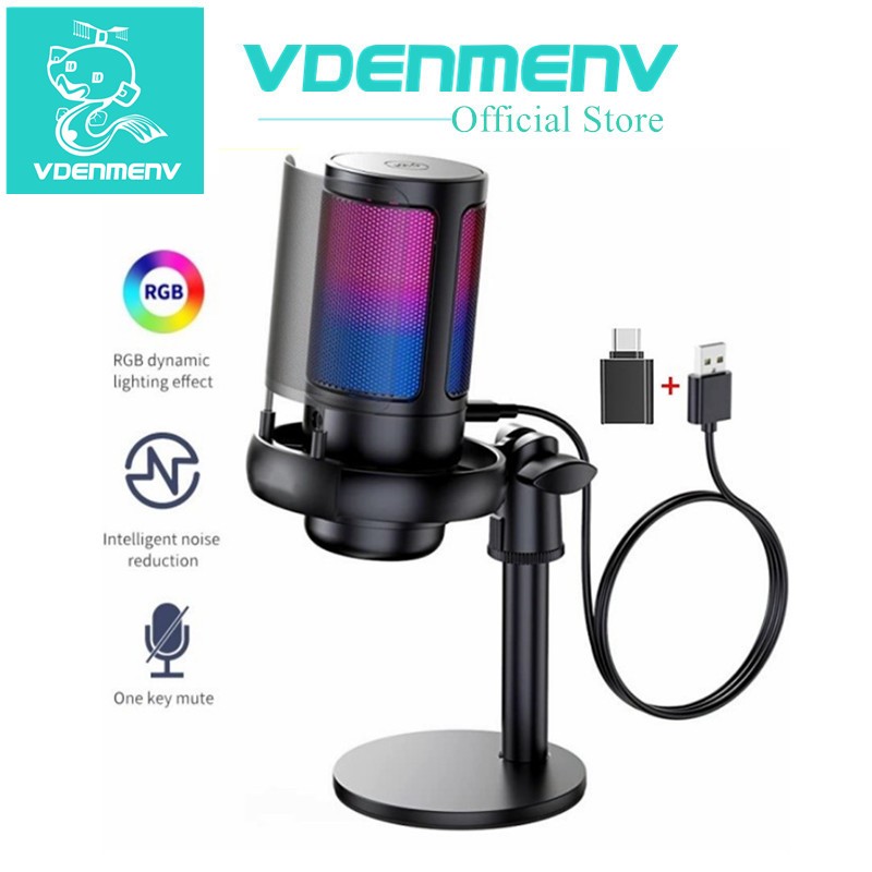 Vdenmenv ME6S USB Condenser Micro RGB PC PS4 Chơi game để ghi âm Mac Phát trực tuyến Nút tắt tiếng