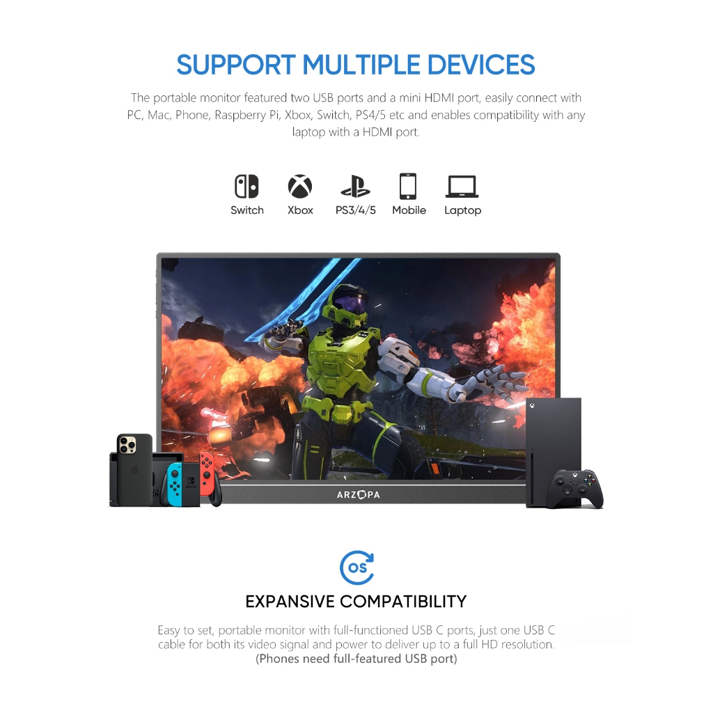 Màn hình chơi game di động ARZOPA-Z1FC, 16,1 '144Hz, 100% sRGB, 1080P HDR với màn hình máy tính xách tay HDMI USB 3.1 cho Switch, PlayStation, Xbox, PS5, Mac | BigBuy360 - bigbuy360.vn