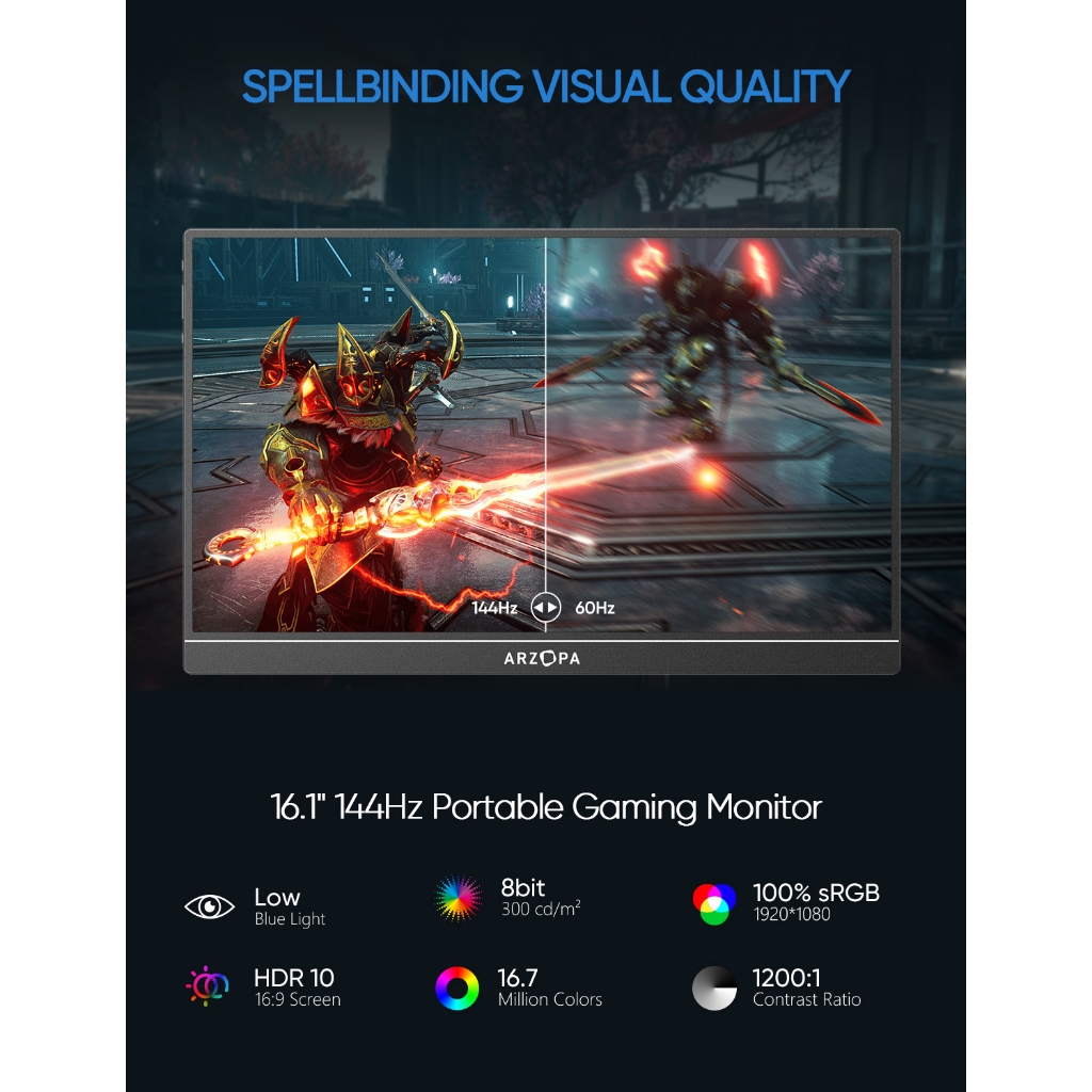 Màn hình chơi game di động ARZOPA-Z1FC, 16,1 '144Hz, 100% sRGB, 1080P HDR với màn hình máy tính xách tay HDMI USB 3.1 cho Switch, PlayStation, Xbox, PS5, Mac | BigBuy360 - bigbuy360.vn