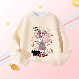 W.G.Q Áo Sweater bé gái , Áo nỉ dài tay viền nấm mùa thu đông, lông cừu cực mỏng ấm áp thoải mái, có in hình bé gái
