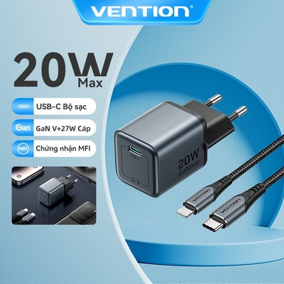 Vention 20W GaN Sạc EU Cắm Cổng USB C PD 3.0 Sạc Nhanh QC 3.0Adapter Cho iPhone 16 series