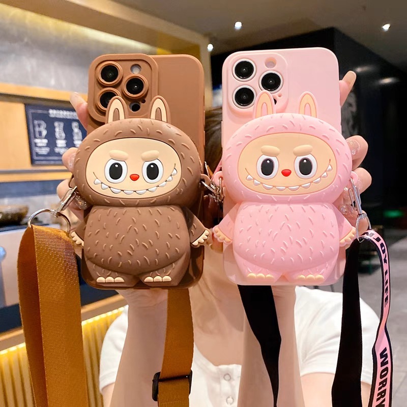 Ốp điện thoại túi đựng ví LABU màu hồng hoạt hình màu nâu cho Iphone 16promax 14 15 13 12 11 pro max xs max xr x 7 8 plus vỏ điện thoại mềm có dây buộc dài
