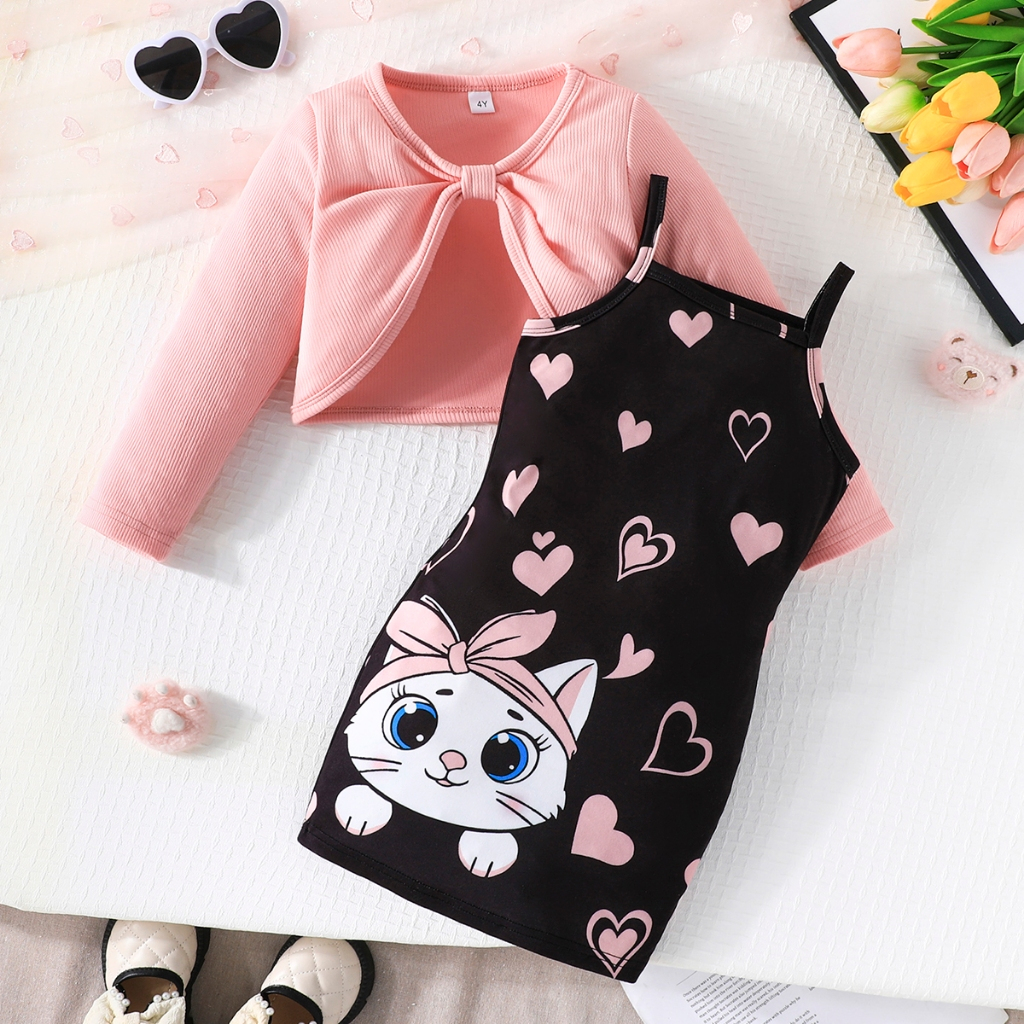 Combo bộ đồ bé gái 4-8 tuổi Áo Thun Tay Dài Hai Dây Váy Công Chúa Hoạt Hình Mèo Dễ Thương Set Xinh Xắn thời Trang Cho Bé Trẻ Em
