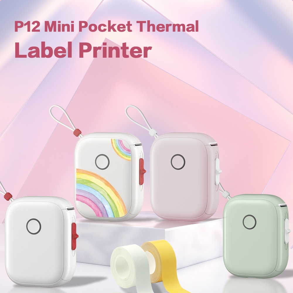 Máy in nhãn Mini P12 Máy nhãn không dây Bluetooth Máy in nhãn dán nhiệt P12 với giấy dán nhãn 3 cuộn