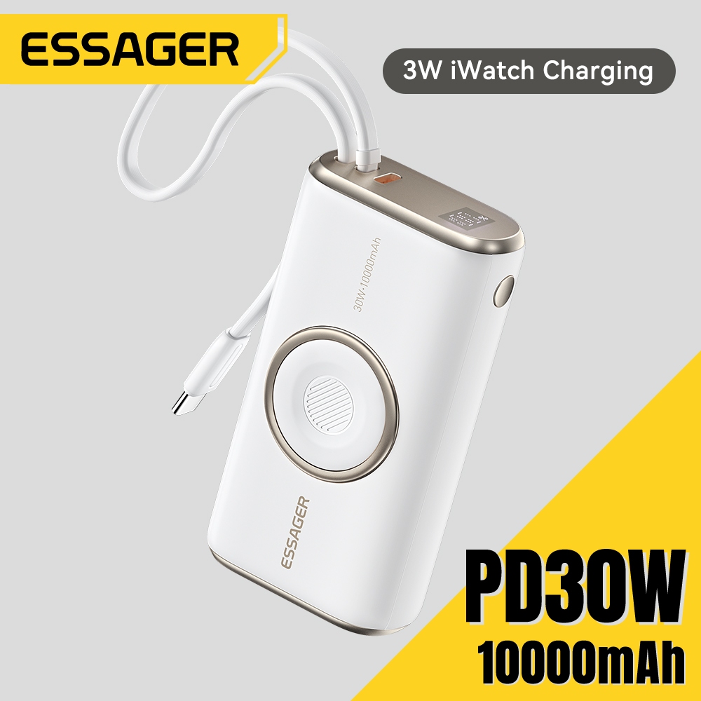 Essager 10000mAh 30W Type-C Power Bank đi kèm cáp Type-C Ap Watch Sạc không dây Đầu ra 3W