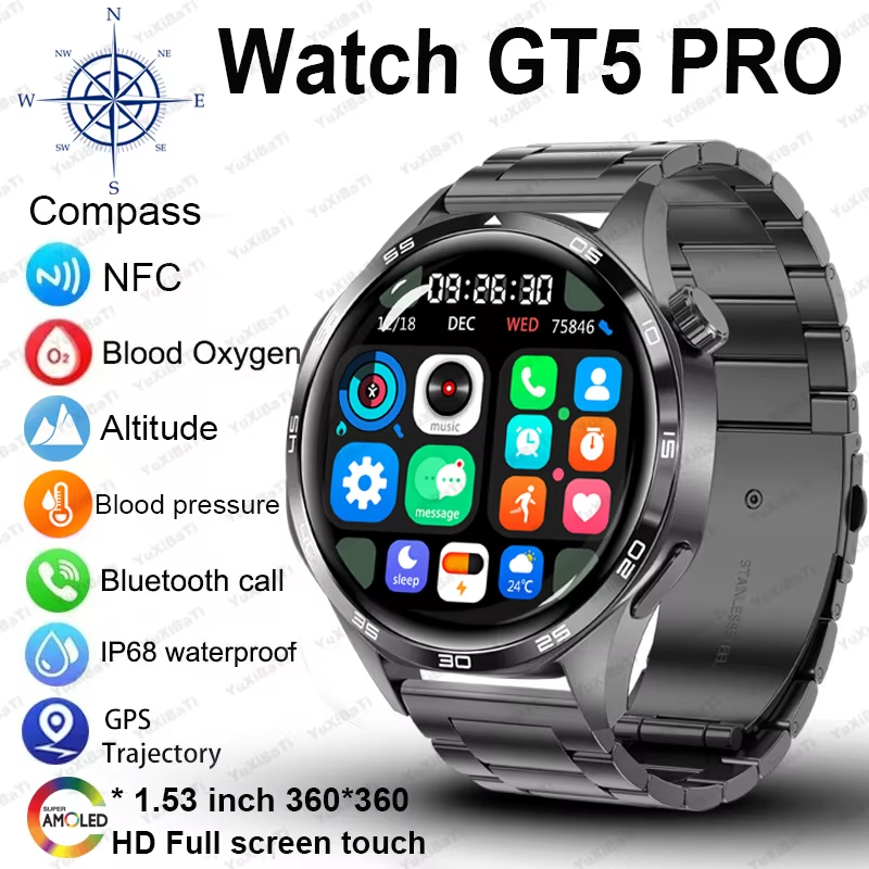 Đồng hồ mới 5 PRO Sports GT5 PRO Đồng hồ thông minh nam 1,53 "Màn hình AMOLED NFC GPS dấu vết La bàn
