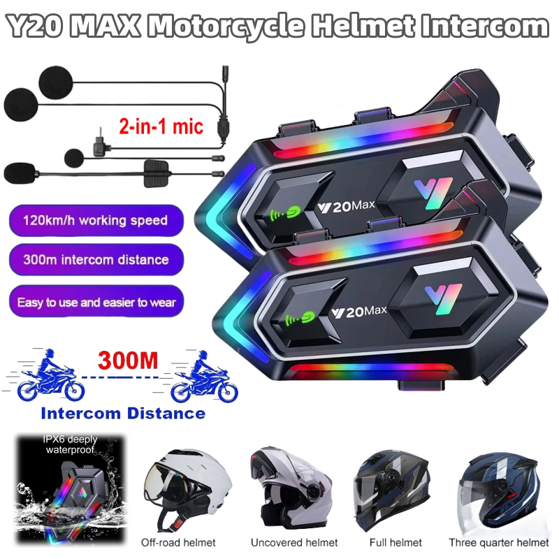 Y20 MAX Mũ bảo hiểm Intercom Tai nghe xe máy Bluetooth không dây có micrô IPX6 RGB chống nước Hiệu ứ