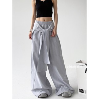 Ethelgirl Quần áo nữ Quần ống rộng sọc màu xanh sang trọng Quần ống rộng có dây buộc Hàn Quốc [Có thể tháo rời]