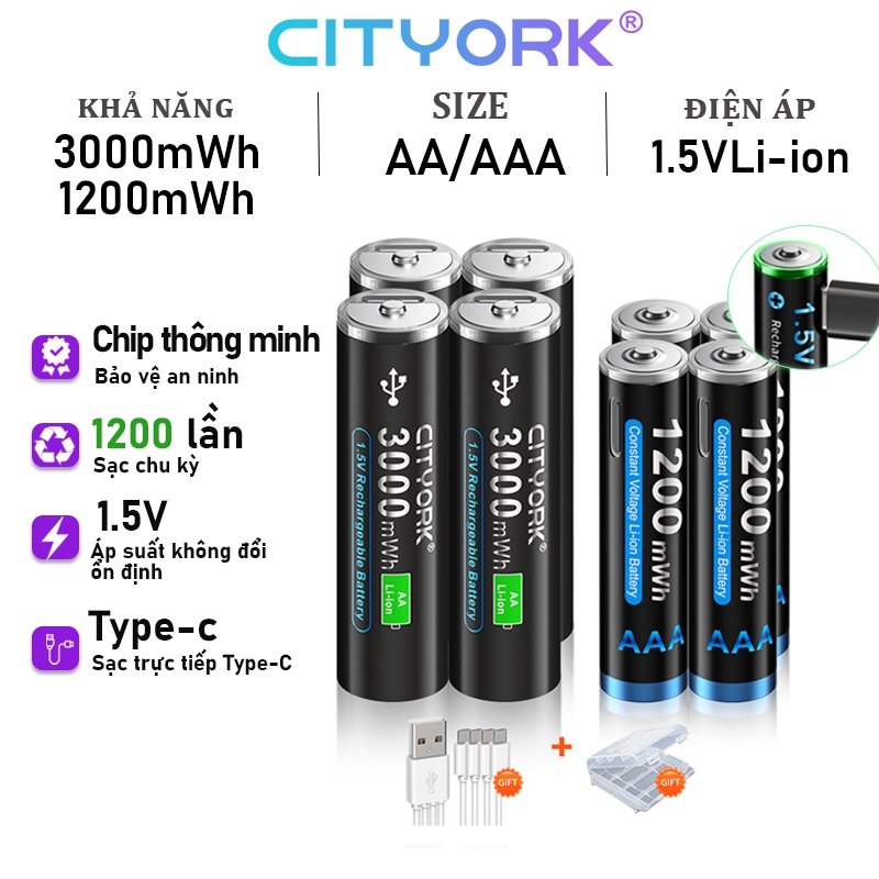 Pin sạc 1.5V AA AAA CITYORK Type-c Sạc trực tiếp Pin sạc AA AAA Pin