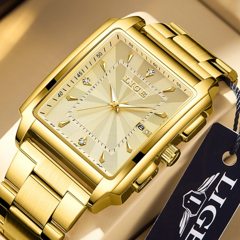 Đồng hồ nam LIGE Đồng hồ vuông thời trang Đồng hồ thạch anh chống nước bằng thép không gỉ màu vàng s