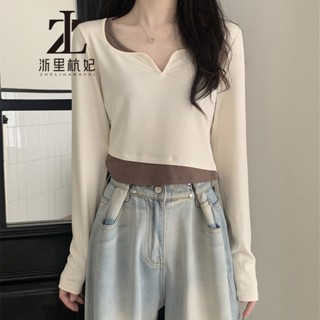 ZHELIHANGFEI Giả Hai Mảnh Màu Khóa Đào Cổ Trái Tim Dài Tay Áo Thun Đáy Bên Trong Áo Sơ Mi Cao Cấp Áo Sơ Mi