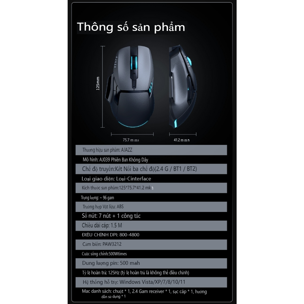 Ajazz AJ039 Chuột Chơi Game Không Dây 2.4G Bluetooth Ba Chế Độ Chuột PAW3212 Tiện Dụng Tùy Chỉnh PC Laptop Máy Tính Để Bàn Phụ Kiện Quà Tặng | BigBuy360 - bigbuy360.vn