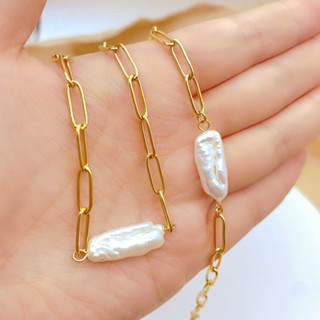 Niche Châu Âu Phong Cách Mỹ Kẹp Giấy Dây Xích Nước Ngọt Baroque Hình Chữ Nhật Ngọc Trai Vàng 18K Thép Titan Vòng Cổ Màu Giữ Xương Đòn Dây Xích