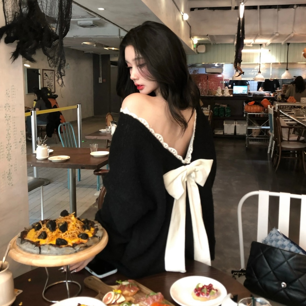  Áo len dệt kim nơ hở lưng phong cách Hàn Quốc dành cho nữ 