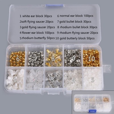 10 bộ nút tai màu hỗn hợp, phụ kiện nút tai bằng nhựa / hợp kim, hộp, phụ kiện bông tai, phụ kiện đeo