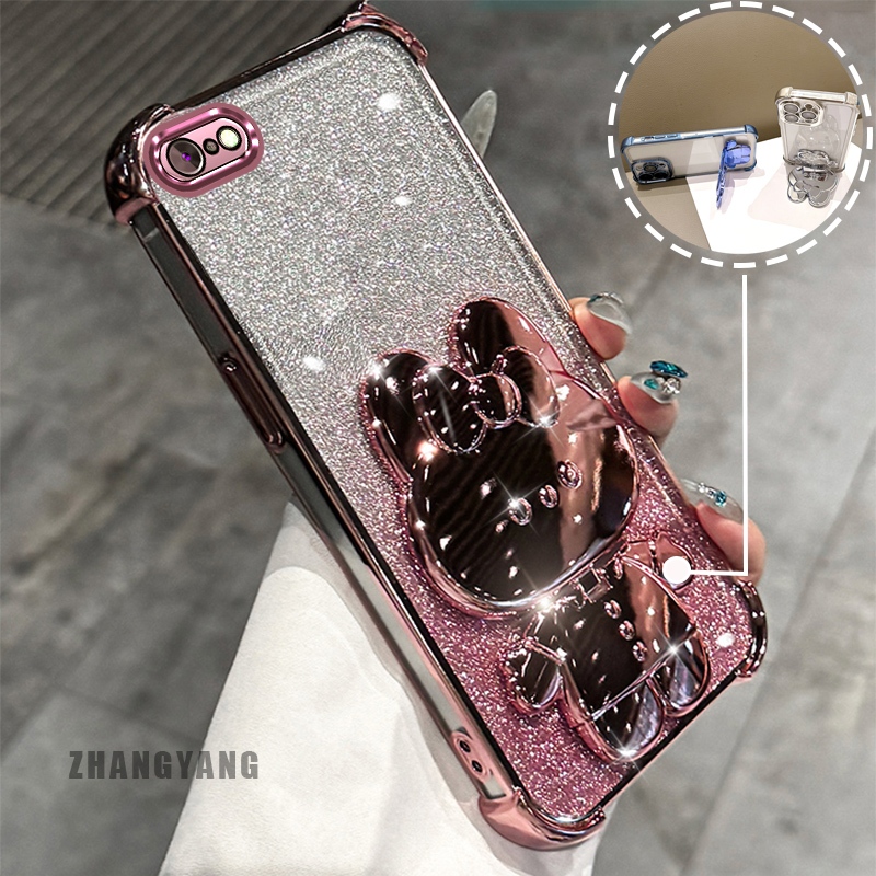Ốp Lưng Cho iPhone 6 Plus iPhone 6s Plus Phấn Lấp Lánh Bốn Góc Mạ Điện Chống Rơi Vỏ Điện Thoại Hoạt Hình Thẩm Mỹ 3D Giá Đỡ Thỏ TPU Mềm
