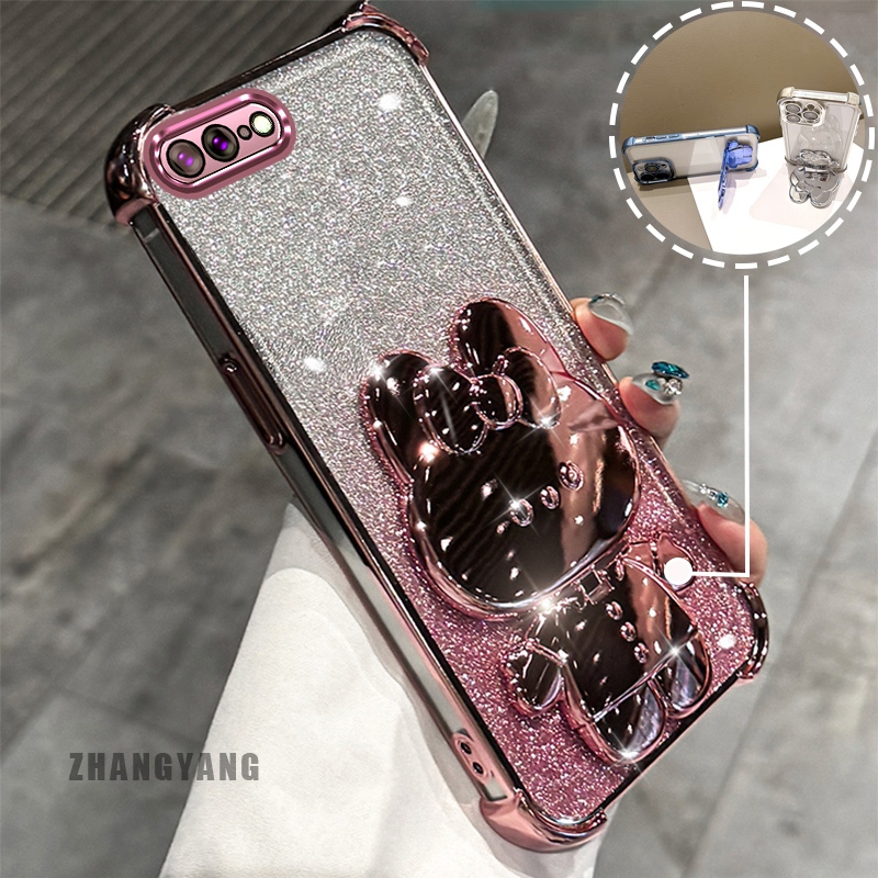 Ốp Lưng Cho iPhone 7 Plus iPhone 8 Plus Phấn Lấp Lánh Bốn Góc Mạ Điện Chống Rơi Vỏ Điện Thoại Hoạt Hình Thẩm Mỹ 3D Giá Đỡ Thỏ TPU Mềm
