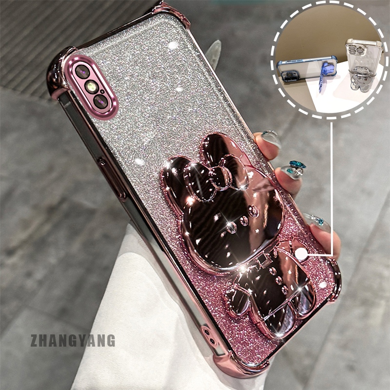 Ốp Lưng Cho iPhone X Xs Xr Xs Max Bột Lấp Lánh Bốn Góc Mạ Điện Chống Rơi Vỏ Điện Thoại Thẩm Mỹ Hoạt Hình 3D Thỏ Giá Đỡ TPU Mềm
