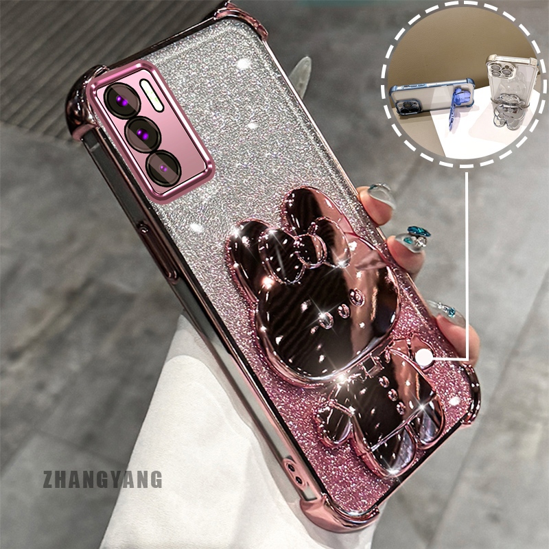 Ốp Lưng Cho OPPO RENO 12 5G RENO 12 Pro 5G Bột Lấp Lánh Bốn Góc Mạ Điện Chống Rơi Vỏ Điện Thoại Thẩm Mỹ Hoạt Hình 3D Giá Đỡ Thỏ TPU Mềm