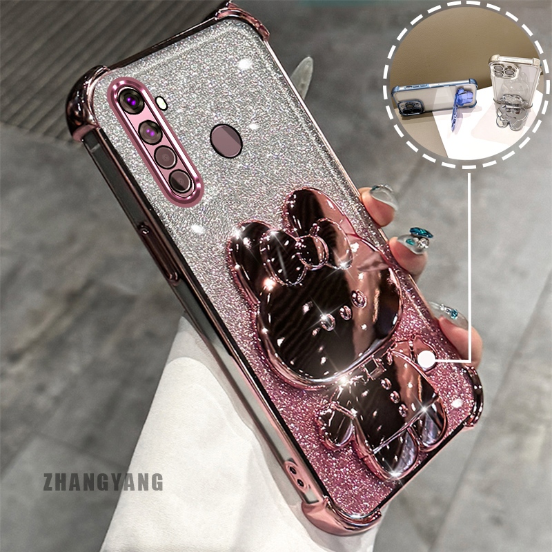 Ốp Lưng Cho Realme 5 5i 5s 6i c3 Bột Lấp Lánh Bốn Góc Mạ Điện Chống Rơi Vỏ Điện Thoại Thẩm Mỹ Hoạt Hình 3D Thỏ Giá Đỡ TPU Mềm