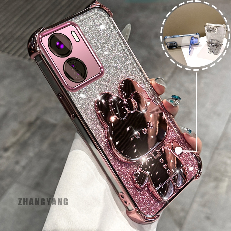 Ốp Lưng Cho Redmi 13C Bột Lấp Lánh Bốn Góc Mạ Điện Chống Rơi Vỏ Điện Thoại Thẩm Mỹ Hoạt Hình 3D Giá Đỡ Thỏ TPU Mềm