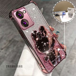 Ốp Lưng Cho vivo Y03 Y18 Y27 4G Bột Lấp Lánh Bốn Góc Mạ Điện Chống Rơi Vỏ Điện Thoại Thẩm Mỹ Hoạt Hình 3D Giá Đỡ Thỏ TPU Mềm