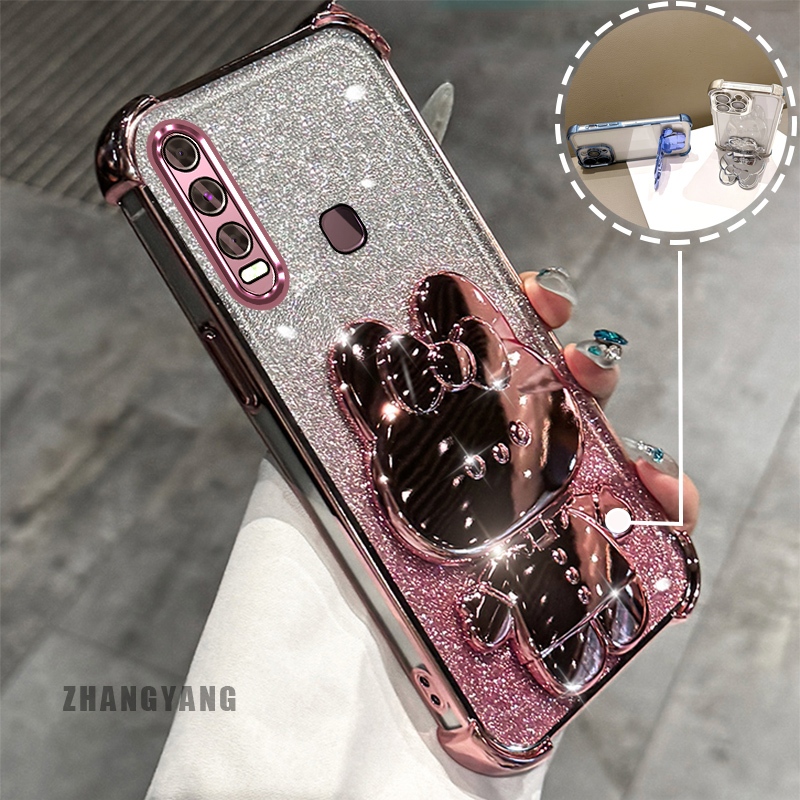 Ốp lưng cho vivo y11 y12 y15 y17 y19 Bột lấp lánh bốn góc mạ điện chống rơi ốp điện thoại hoạt hình thẩm mỹ khung thỏ 3D Vỏ mềm TPU