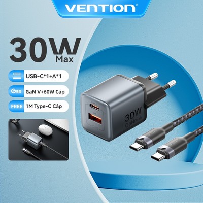 Bộ sạc GaN Vention 30W Bộ sạc USB C PD + USB 2 cổng Bộ sạc chuyển đổi với QC4.0 PD USB typec Sạc nhanh Bộ sạc phích cắm US cho Samsung Android