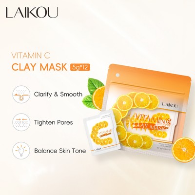 Mặt nạ đất sét LAIKOU Vitamin C Làm rõ lỗ chân lông Mặt nạ bùn da mịn màng ngay cả ra tông màu da 5g * 12 chiếc