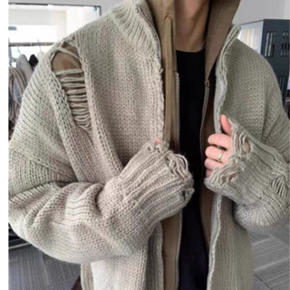  YAZHINIAO Áo len nam phiên bản Hàn Quốc theo xu hướng rách áo len cardigan lười biếng thời trang nam 