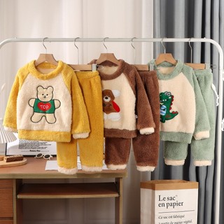 Bộ đồ ngủ flannel trẻ em 0-12 tuổi mùa thu đông nhung san hô dày lông cừu phòng khách