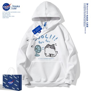 Áo hoodie NASA, áo sweatshirt cổ tròn họa tiết mèo con thổi quạt, 100% cotton, dáng rộng, unisex