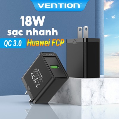 Củ Sạc Nhanh 18W Vention USB Khi Du Lịch Cho Samsung Huawei Xiaomi QC3.0 Eu/ Us