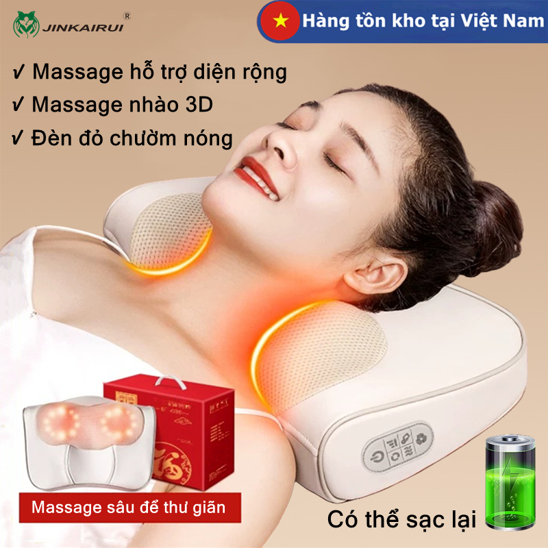 Gối massage cổ vai gáy Jinkairui, gối massage hồng ngoại 20 bi cao cấp hỗ trợ mát xa toàn thân