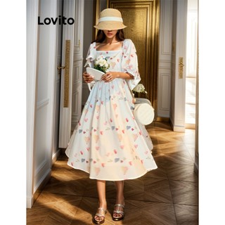 Đầm LOVITO eo thun viền ren tay phồng viền xếp nếp họa tiết hoa thường ngày cho nữ LNE10132 (Màu trắng)