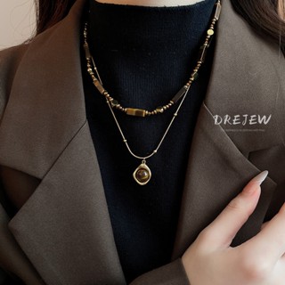 DREJEW Bộ vòng cổ đính đá mắt hổ mạ điện bằng vàng thật gồm hai dây chuyền xương đòn mùa thu đông