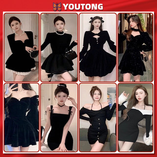 💖Hàng SN SÀNG 100%💖  Đen Đầm Nhung Cổ Vuông Dáng Ôm Thời Trang Thu Đông Dành Cho Nữ