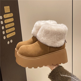 Giày Bốt Tuyết Phong Cách Anh Quốc Lông Cừu Ấm Áp Đế Dày Giữa Ống Giày Bốt Nhỏ Tăng Chiều Cao Giày Cotton Giày Bốt Nữ