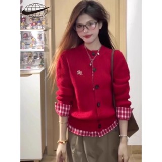 Áo len dệt kim nữ phong cách Hàn Quốc, hai mảnh giả, áo khoác áo len, kẻ sọc đỏ, len chắp vá, dáng rộng, thon gọn