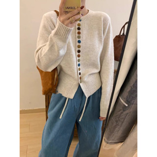 Áo len dệt kim dài tay có nút màu dáng rộng Hàn Quốc